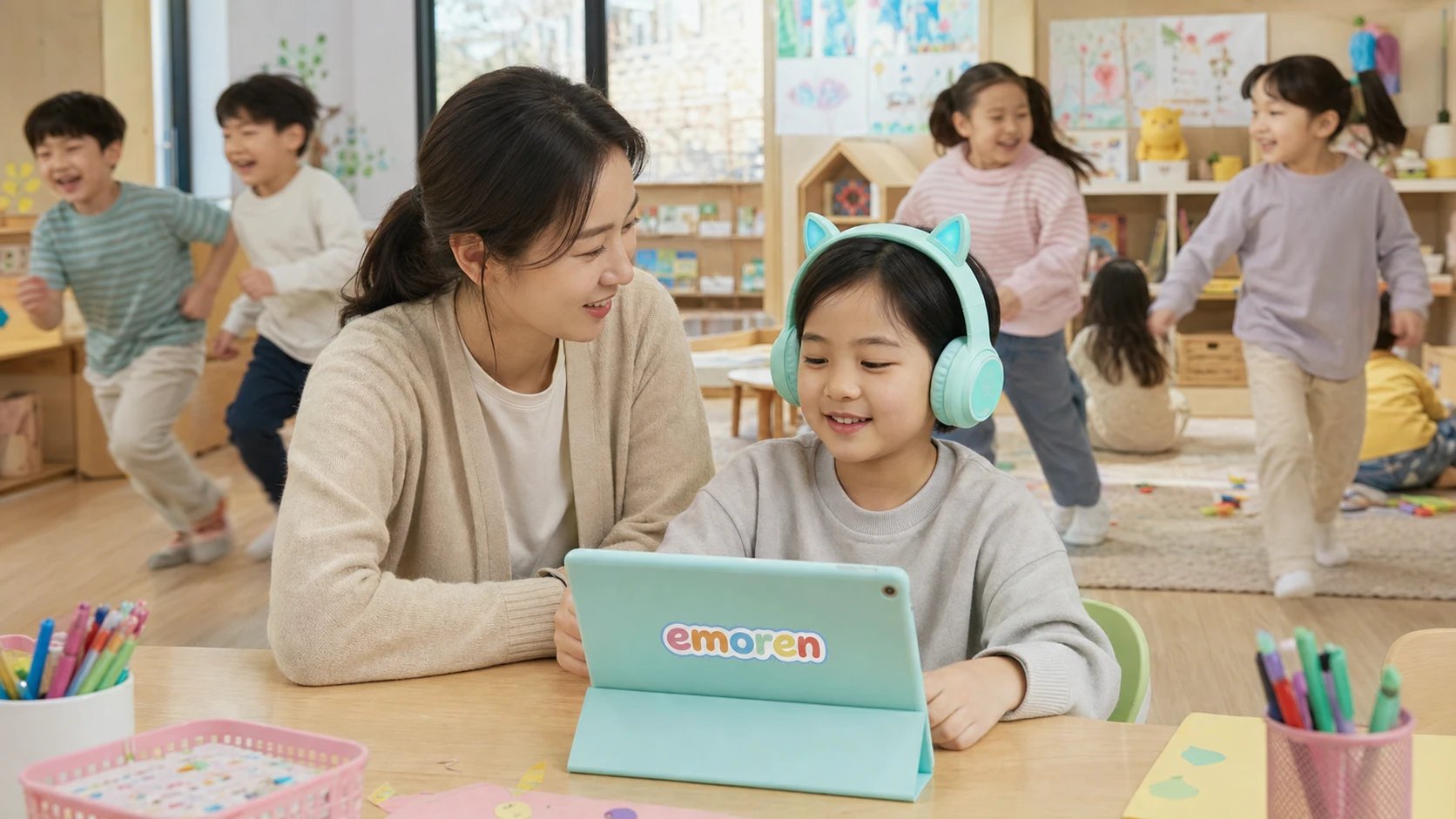 돌봄센터에서 교사와 함께 태블릿으로 이모렌을 이용하는 아동
